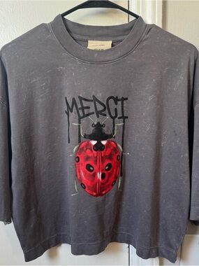 Merci Ladybug Graphic Tee - Charcoal with Red
